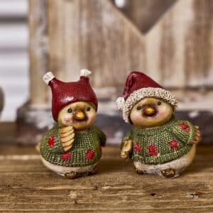 Julefugle med Hue & Sweater | 6,5 cm, Sæt af 2 |